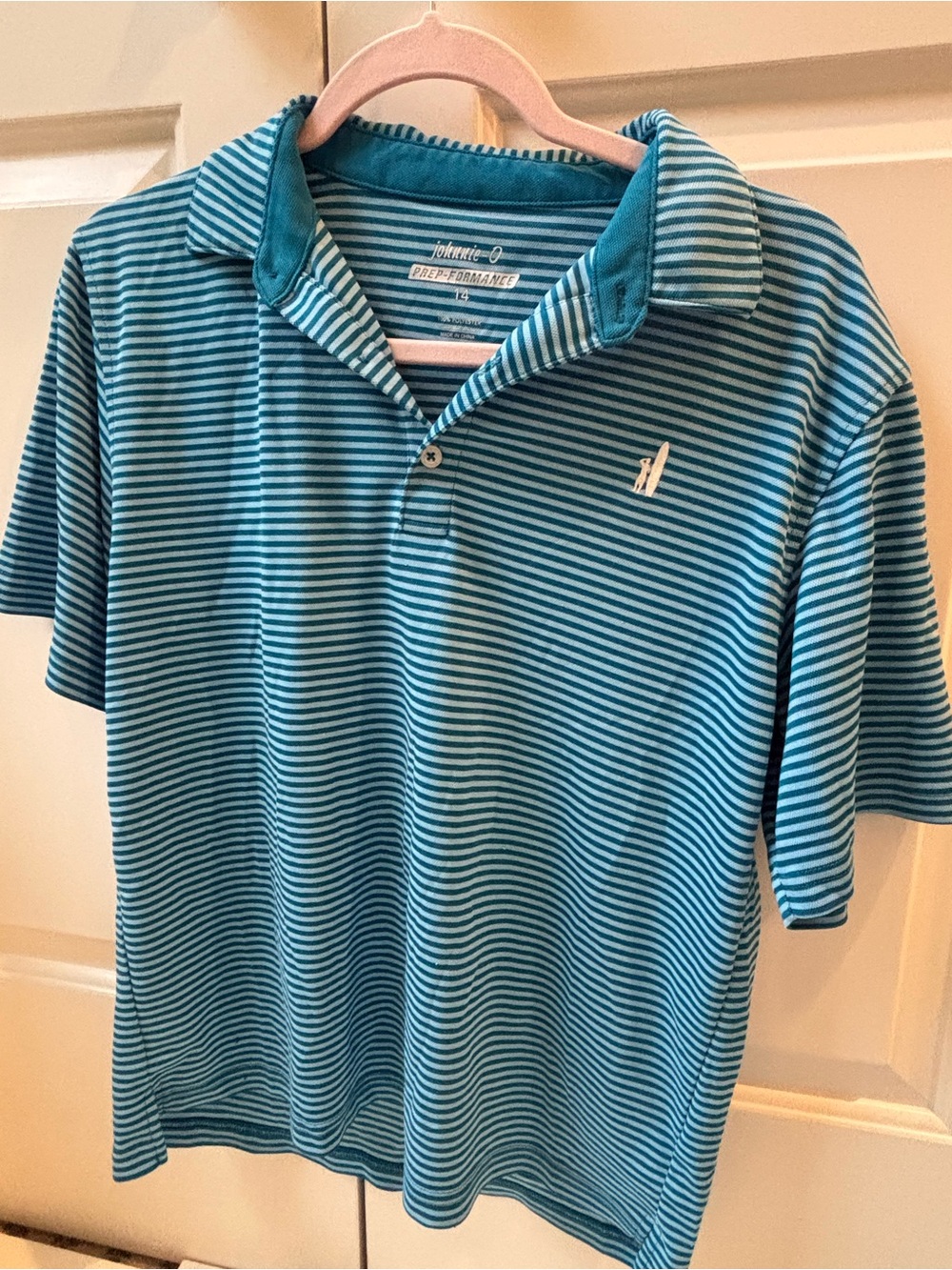 johnnie-O Teal and White Striped Polo- kids size 14
